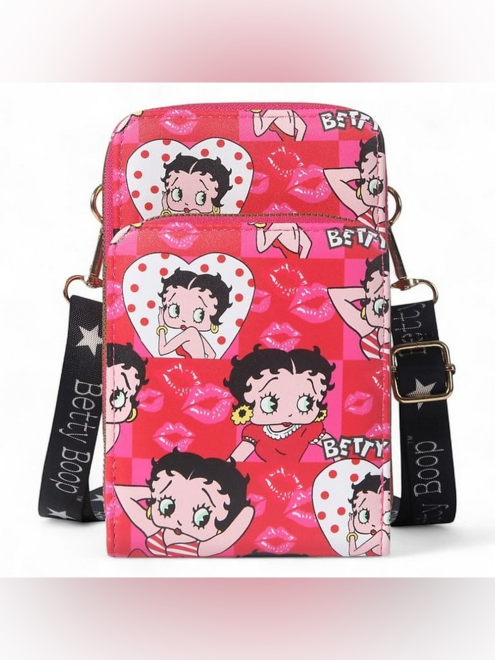 Betty Boop Multi-Compartment Crossbody Wallet with Gold Zippers